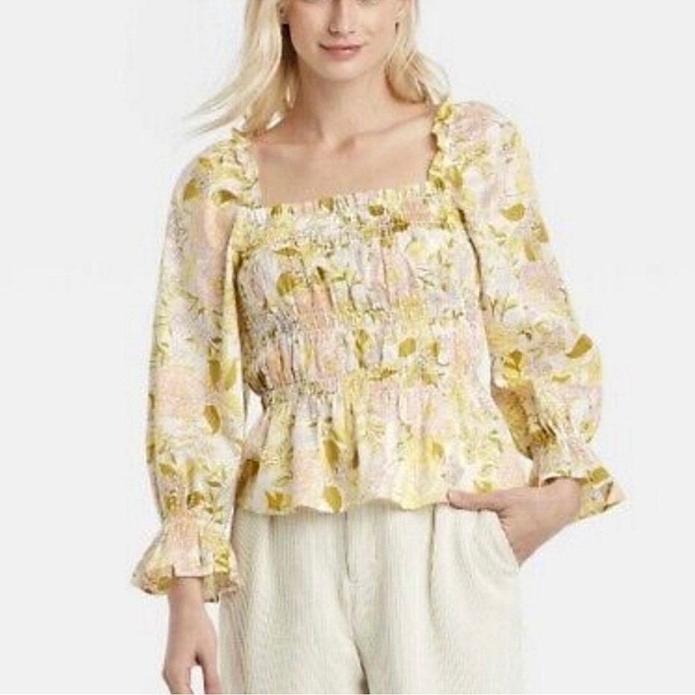 WHO What Wear Yellow Floral Smocked Puff Sleeve Blouse Women’s Size Extra Small